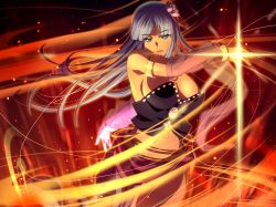 Rule 34 | 1girl, :d, armlet, blue eyes, bracelet, breasts, cleavage, cowboy shot, dancer, dark-skinned female, dark skin, demonion ii: maou to sannin no joou, detached sleeves, floating hair, flower, game cg, hair flower, hair ornament, jewelry, large breasts, long hair, long sleeves, looking at viewer, m&amp;m, magic, midriff, navel, official art, open mouth, rebecca navascues, see-through, see-through sleeves, sideboob, silver hair, smile, solo, stomach, strapless, very long hair, white flower