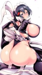Rule 34 | 1girl, ass, black eyes, black hair, black thighhighs, blush, breasts, commentary request, covered erect nipples, curvy, female focus, from behind, geroika, hair between eyes, hair ornament, hairclip, highres, huge ass, huge breasts, iroha (samurai spirits), leotard, maid, maid headdress, maid leotard, no bra, parted bangs, plump, revealing clothes, samurai spirits, shiny skin, short hair, sideboob, simple background, sitting, solo, sweat, thick thighs, thighhighs, thighs, thong leotard, unconventional maid, white background, wide hips