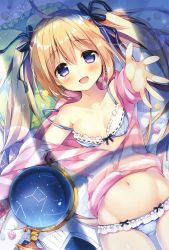 Rule 34 | 1girl, absurdres, ahoge, bed sheet, blonde hair, blue bow, blue bra, blue panties, book, bow, bow bra, bow panties, bra, breasts, cameltoe, collarbone, constellation, dress, dutch angle, frilled bra, frilled panties, frilled pillow, frills, globe, groin, hair between eyes, hair bow, highres, jacket, libra (constellation), long hair, long sleeves, lying, melonbooks, navel, no pants, off shoulder, on back, open book, panties, pillow, pink jacket, scan, sidelocks, small breasts, solo, strap slip, suimya, twintails, underwear, very long hair