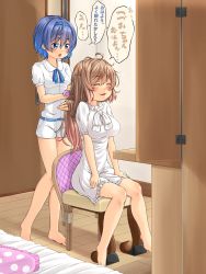 Rule 34 | 2girls, absurdres, ahoge, barefoot, belt, blue belt, blue bow, blue bowtie, blue eyes, blue hair, blue hairband, blush, bow, bowtie, breasts, brown hair, brushing hair, cevio, chair, chest of drawers, closed eyes, comb, commentary request, dress, frilled dress, frills, full body, hair between eyes, hairband, highres, indoors, kitsunerider, large breasts, long hair, looking at another, medium breasts, multiple girls, open mouth, panties, polka dot, polka dot panties, satou sasara, shirt, short dress, short hair, short shorts, short sleeves, shorts, smile, suzuki tsudumi, translation request, underwear, white bow, white bowtie, white dress, white shirt, white shorts