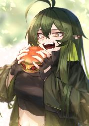 Rule 34 | 1girl, :d, antenna hair, arknights, black gloves, black shirt, breasts, burger, commentary, crop top, crossed bangs, eating, fingerless gloves, food, gavial (arknights), gavial (combat medic) (arknights), gloves, green hair, green jacket, hair between eyes, highres, holding, holding food, jacket, long hair, long sleeves, looking at food, medium breasts, midriff, navel, official alternate costume, open clothes, open jacket, open mouth, ozeu0916, pointy ears, sharp teeth, shirt, smile, solo, stomach, symbol-only commentary, teeth, yellow eyes