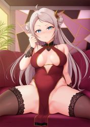 Rule 34 | 1girl, ahoge, arm at side, bare shoulders, blue eyes, blurry, blurry background, blush, breasts, breasts apart, brown thighhighs, china dress, chinese clothes, clenched hand, commentary, couch, cowboy shot, double bun, dress, earrings, flower knot, grey hair, hair bun, hair ornament, halter dress, halterneck, hand up, highres, indoors, jewelry, light particles, long hair, looking at viewer, love live!, love live! nijigasaki high school idol club, medium breasts, mole, mole on breast, mole on crotch, mole under eye, no panties, nose blush, on couch, paid reward available, parted bangs, parted lips, pelvic curtain, plant, raised eyebrow, red dress, sitting, sleeveless, sleeveless dress, solo, spread legs, sweat, tassel, thighhighs, unsfrau, wavy hair, wrist cuffs, zhong lanzhu