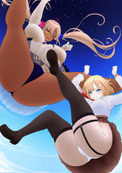 Rule 34 | 2girls, absurdres, ass, black legwear, blonde hair, blue eyes, blue sky, breasts, dark-skinned female, dark skin, elbow gloves, from above, gloves, gradient background, grin, ground pound, hair ornament, highres, hololive, hololive english, huge ass, huge breasts, impossible clothes, large breasts, leotard, long hair, long sleeves, mee don, multiple girls, one eye closed, open mouth, panties, pink hair, pleated skirt, see-through, shirt, shoes, skirt, sky, smile, space, spread legs, star (sky), starry sky, teeth, thick thighs, thighhighs, thighs, tongue, tsukumo sana, twintails, underwear, upper teeth only, virtual youtuber, watson amelia, white gloves, white panties, white shirt, wink, yellow eyes