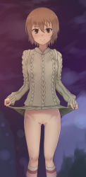 Rule 34 | 1girl, aran sweater, blush, breasts, brown eyes, brown hair, cable knit, cleft of venus, closed mouth, clothes lift, dress, dress lift, female focus, gluteal fold, hair between eyes, highres, kinuhata saiai, kneehighs, lifting own clothes, looking at viewer, mumumuka, no panties, pussy, short hair, smile, socks, solo, standing, striped clothes, striped socks, sweater, sweater dress, sweater lift, toaru majutsu no index, uncensored