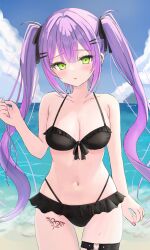 Rule 34 | 1girl, absurdres, bare shoulders, beach, bikini, black ribbon, blush, breasts, cloud, cloudy sky, colored inner hair, day, demon tail, ear piercing, frilled bikini, frills, front-tie bikini top, front-tie top, gradient hair, green eyes, hair ornament, hair ribbon, hairclip, highleg, highleg swimsuit, highres, hololive, leg tattoo, long hair, looking at viewer, medium breasts, multi-strapped bikini, multicolored hair, navel, outdoors, parted lips, piercing, pink hair, purple hair, ribbon, sky, solo, stomach, streaked hair, swimsuit, tail, tamamorh, tattoo, thigh strap, tokoyami towa, twintails, very long hair, virtual youtuber