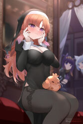 Rule 34 | 3girls, bird, black dress, black pantyhose, blush, breasts, chick, cleavage, cleavage cutout, closed mouth, clothing cutout, curtains, dress, gawr gura, hands on own cheeks, hands on own face, headpiece, hololive, hololive english, indoors, kotori (takanashi kiara), large breasts, long hair, looking at another, mujinbensin, multiple girls, ninomae ina&#039;nis, nun, open mouth, orange hair, pantyhose, purple eyes, purple hair, sitting, smile, standing, takanashi kiara, tentacle hair, virtual youtuber, white hair