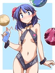 Rule 34 | 1girl, adapted costume, blue eyes, blue hair, blush, breasts, clothes writing, cowboy shot, cup, drinking glass, drinking straw, earrings, earth (planet), hair ornament, hecatia lapislazuli, hecatia lapislazuli (earth), hemogurobin a1c, jewelry, looking at viewer, matching hair/eyes, medium breasts, moon, navel, no headwear, planet, slingshot swimsuit, solo, swimsuit, touhou, wavy mouth