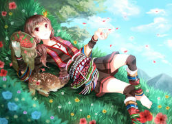 Rule 34 | 1girl, animal, ankle wrap, anklet, bad id, bad pixiv id, barefoot, basket, brown hair, bug, butterfly, deer, dress, feet, flower, food, fruit, gloves, grass, insect, jewelry, leg warmers, long hair, low twintails, lying, nature, nekozuki yuki, on back, original, petals, red eyes, sash, shorts, smile, solo, traditional clothes, twintails, wrist wrap