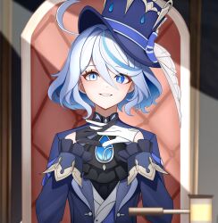 Rule 34 | 1girl, absurdres, alternate hairstyle, black gloves, blue eyes, blue hair, blue hat, blue jacket, commentary request, cowlick, facing viewer, furina (genshin impact), genshin impact, gloves, hands up, hat, highres, interlocked fingers, jacket, kenomotsu yukuwa, light blue hair, long sleeves, parted lips, short hair, smile, solo, top hat, white gloves