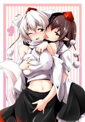 Rule 34 | 2girls, animal ears, bare shoulders, black hair, blush, breasts, brown hair, couple, deep skin, detached sleeves, fang, female focus, fingering, fingering through clothes, grabbing, grabbing another&#039;s breast, happy, hat, heart, inubashiri momiji, k2isu, large breasts, licking, midriff, multiple girls, navel, one eye closed, pointy ears, red eyes, shameimaru aya, short hair, silver hair, simple background, smile, tail, through clothes, tokin hat, tongue, touhou, wink, wolf ears, wolf tail, yuri