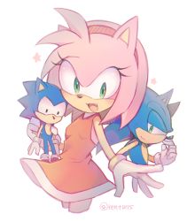 Rule 34 | 1boy, 1girl, amy rose, animal nose, dress, fang, furry, furry female, gloves, green eyes, hairband, hedgehog, holding, holding stuffed toy, looking at viewer, red dress, red hairband, rento (rukeai), sideways mouth, sleeveless, sleeveless dress, smile, sonic (series), star (symbol), stuffed toy, white gloves