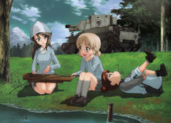 Rule 34 | 10s, 3girls, aki (girls und panzer), black footwear, brown eyes, brown hair, dress shirt, emblem, fishing, girls und panzer, grey legwear, grey skirt, hat, highres, instrument, jacket, kantele, light brown hair, loafers, long hair, long sleeves, looking at another, mika (girls und panzer), mikko (girls und panzer), military, military vehicle, miniskirt, motor vehicle, multiple girls, official art, open mouth, outdoors, pants, pants under skirt, pleated skirt, red eyes, red hair, school uniform, seiza, shirt, shoes, short hair, short twintails, sitting, skirt, smile, socks, striped, tank, track jacket, track pants, track suit, tree, twintails, vertical stripes, white shirt