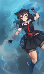 Rule 34 | 10s, 1girl, afloat, alternate hairstyle, arceonn, black hair, blue eyes, braid, breasts, fingerless gloves, floating, gloves, hair down, hair ornament, highres, kantai collection, long hair, lying, on back, partially submerged, school uniform, serafuku, shigure (kancolle), shorts under skirt, single braid, skirt, small breasts, smile, socks, solo, water, wide hips