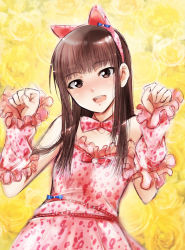 1girl :d animal_ears bare_shoulders blunt_bangs blush brown_eyes brown_hair cat_ears cat_girl detached_sleeves dress female_focus flower gradient_background kaiga open_mouth paw_pose real_life rose smile solo tamura_yukari yellow_background