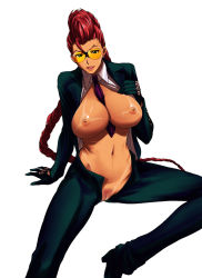 Rule 34 | 1girl, arisawa masaharu, between breasts, bikini tan, braid, breasts, capcom, colored pubic hair, crimson viper, female pubic hair, gloves, huge breasts, lipstick, makeup, mature female, necktie, necktie between breasts, nipples, no panties, open clothes, open fly, open shirt, pompadour, pubic hair, red hair, red pubic hair, shirt, simple background, smile, solo, street fighter, street fighter iv (series), sunglasses, tan, tanline, uncensored, unzipped, white background