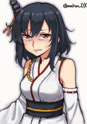 Rule 34 | 1girl, black hair, detached sleeves, epaulettes, hair ornament, headgear, highres, japanese clothes, kantai collection, maakun (makun dx), one-hour drawing challenge, red eyes, short hair, simple background, solo, twitter username, upper body, white background, wide sleeves, wince, yamashiro (kancolle)