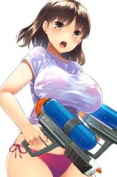 Rule 34 | 10s, 1girl, aaru (tenrake chaya), bikini, bikini under clothes, blush, breasts, brown eyes, brown hair, chiyoda (kancolle), collarbone, dual wielding, highres, holding, kantai collection, large breasts, looking at viewer, open mouth, purple bikini, shirt, short hair, side-tie bikini bottom, simple background, solo, swimsuit, upper body, water gun, wet, wet clothes, wet shirt, white background