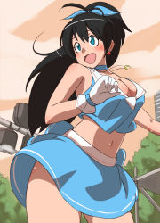 Rule 34 | 1girl, bad id, bad pixiv id, black hair, blue eyes, blush, body blush, breasts, cleavage, clothes lift, crop top, crop top overhang, earrings, ganaha hibiki, gloves, idolmaster, idolmaster (classic), jewelry, large breasts, looking away, midriff, natsumi hajime, navel, open mouth, pendant, ponytail, skirt, skirt lift, solo, wind, wind lift