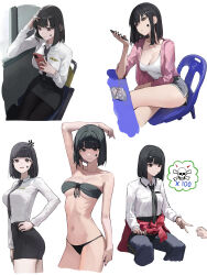 Rule 34 | 1girl, 1other, absurdres, bikini, black bikini, black hair, black nails, black necktie, black skirt, breasts, brown eyes, cellphone, chair, cleavage, closed mouth, collared shirt, dolphin shorts, facial mark, facial tattoo, highres, holding, holding phone, jacket, looking at viewer, mac star, medium breasts, nail polish, navel, necktie, office lady, original, pencil skirt, phone, pink jacket, red jacket, shirt, short hair, shorts, sitting, skirt, smartphone, solo focus, standing, star (symbol), star facial mark, star tattoo, swimsuit, table, tattoo, white shirt