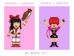Rule 34 | 2girls, ainu clothes, arm up, arms up, black hair, blue eyes, boots, breasts, cleavage, dress, faceless, faceless female, fingerless gloves, gloves, hamster, jacket, large breasts, legs, long hair, low ponytail, mamahaha, multiple girls, nakoruru, open clothes, open jacket, pants, pixel art, red hair, samurai spirits, shermie (kof), smile, snk, the king of fighters, the king of fighters xv, thighs