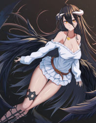Rule 34 | 1girl, absurdres, albedo (overlord), belt, black background, black feathers, black wings, breasts, cleavage, closed mouth, demon girl, demon horns, demon wings, dress, feathered wings, feathers, hawakawa, highres, horns, jewelry, long bangs, long hair, long sleeves, looking at viewer, low wings, meme attire, necklace, off-shoulder sweater, off shoulder, open-chest sweater, overlord (maruyama), shiny skin, slit pupils, solo, sweater, sweater dress, thigh strap, thighs, white horns, white sweater, wings