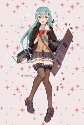 Rule 34 | 1girl, :d, aqua hair, bow, bow (weapon), bowtie, brown jacket, brown skirt, brown thighhighs, cardigan, crossbow, flight deck, full body, green eyes, hair between eyes, hair ornament, hairclip, highres, jacket, kantai collection, kocona, long hair, looking at viewer, machinery, open mouth, pleated skirt, remodel (kantai collection), school uniform, skirt, smile, solo, suzuya (kancolle), thighhighs, twitter username, weapon