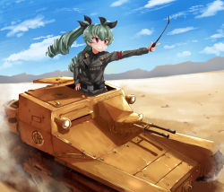 Rule 34 | 1girl, absurdres, anchovy (girls und panzer), anzio (emblem), anzio military uniform, belt, black belt, black necktie, black ribbon, black shirt, blue sky, carro veloce cv-33, cloud, cloudy sky, commentary, dress shirt, drill hair, driving, dust cloud, emblem, girls und panzer, green hair, grey jacket, grin, hair ribbon, hand on own hip, highres, holding, holding riding crop, jacket, kurokimono001, long hair, long sleeves, looking to the side, military, military uniform, military vehicle, motor vehicle, mountainous horizon, necktie, pointing, red eyes, ribbon, riding crop, sam browne belt, shirt, sky, smile, solo, tank, twin drills, uniform, wind, wing collar