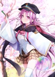 Rule 34 | 1girl, black cape, black hat, blurry, blurry background, brown skirt, bubble, bubble pipe, cape, closed mouth, commentary request, day, depth of field, flower, hand up, hat, heaven burns red, highres, holding, jacket, kunimi tama, long hair, long sleeves, na53, outdoors, peaked cap, pink flower, plaid, plaid skirt, pleated skirt, purple eyes, purple hair, skirt, sleeves past wrists, smile, solo, standing, thighhighs, tree, very long hair, white jacket, white thighhighs, wide sleeves