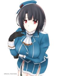 Rule 34 | 1girl, beret, black gloves, black hair, black thighhighs, blue hat, blue jacket, breasts, cowboy shot, garter straps, gloves, hair between eyes, hat, highres, jacket, kantai collection, large breasts, long sleeves, military, military uniform, miniskirt, red eyes, short hair, simple background, skirt, solo, takao (kancolle), thighhighs, toraboruta, twitter username, uniform, white background