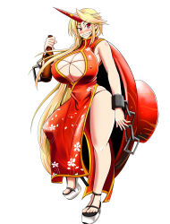Rule 34 | 1girl, blonde hair, blush, bottle, breasts, china dress, chinese clothes, cleavage, cleavage cutout, clothing cutout, curvy, dress, female focus, happy, high heels, highres, horns, hoshiguma yuugi, huge breasts, legs, oisinbou, red eyes, shoes, single horn, smile, solo, touhou