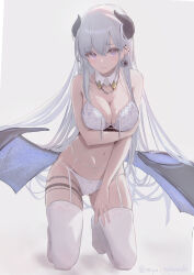 Rule 34 | 1girl, absurdres, black horns, bra, breasts, cleavage, closed mouth, collarbone, commentary request, demon wings, detached collar, earrings, full body, garter straps, gradient background, grey eyes, highres, holding own arm, horns, jewelry, kneeling, large breasts, lingerie, long hair, low wings, miya takanashi, navel, original, panties, simple background, solo, spiked ear piercing, stomach, thighhighs, underwear, white bra, white garter straps, white hair, white panties, white thighhighs, wings