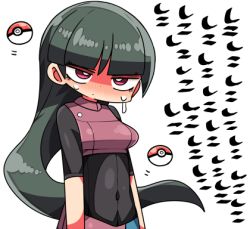 Rule 34 | 1girl, blush, breasts, closed mouth, covered navel, creatures (company), game freak, green hair, gym leader, head tilt, kanikama, long hair, looking at viewer, lowres, nintendo, nose blush, poke ball, poke ball (basic), pokemon, pokemon lgpe, red eyes, sabrina (pokemon), simple background, small breasts, solo, sweat, translated, upper body, very long hair, white background