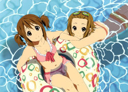 Rule 34 | 2girls, afloat, alternate hairstyle, bikini, bikini skirt, breasts, cleavage, frilled bikini, frills, from above, goggles, goggles on head, highres, hirasawa yui, innertube, k-on!, light smile, looking at viewer, looking up, multiple girls, navel, official art, pink bikini, scan, short twintails, striped bikini, striped clothes, swim ring, swimsuit, tainaka ritsu, twintails, water