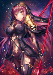 Rule 34 | 1girl, armor, blush, bodysuit, breasts, closed mouth, covered navel, dual wielding, fate (series), flower, gae bolg (fate), gem, hair between eyes, highres, holding, holding weapon, large breasts, light particles, long hair, looking at viewer, pauldrons, polearm, purple bodysuit, purple hair, red eyes, red flower, red gemstone, scathach (fate), shoulder armor, smile, solo, spear, tako seijin, torn bodysuit, torn clothes, very long hair, weapon