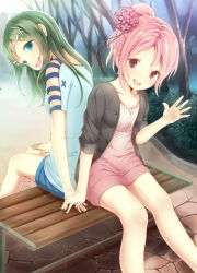 Rule 34 | 2girls, :d, aqua eyes, back-to-back, bare legs, bench, black jacket, blue shirt, blue shorts, breasts, casual, collarbone, commentary request, dress, erio patrol, feet out of frame, green hair, hair bun, hair ornament, hand on lap, hand up, head tilt, highres, holding hands, jacket, kobayashi matcha, long hair, looking at viewer, looking back, masaoka azuki, multiple girls, open clothes, open jacket, open mouth, outdoors, pink dress, pink eyes, pink hair, shirt, short dress, shorts, single hair bun, sitting, skull hair ornament, small breasts, smile, t-shirt, uta kumi 575, waving, x hair ornament