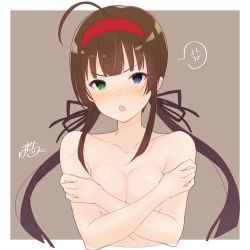 Rule 34 | 10s, 1girl, :o, ahoge, anger vein, angry, bad id, bad pixiv id, black ribbon, blue eyes, blush, border, breasts, brown hair, cleavage, collarbone, covering privates, covering breasts, cropped torso, embarrassed, green eyes, grey background, hair ribbon, hairband, heterochromia, highres, long hair, low twintails, medium breasts, nose blush, nude, open mouth, ramchi, red hairband, ribbon, ryoubi (senran kagura), self hug, senran kagura, sidelocks, signature, simple background, solo, speech bubble, spoken anger vein, twintails, upper body, white border