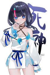 Rule 34 | 1girl, bare shoulders, bebe (bebe pp), black hair, blue eyes, blue ribbon, breasts, closed mouth, collarbone, commentary request, dress, fate/grand order, fate/requiem, fate (series), highres, long hair, long sleeves, looking at viewer, multicolored hair, pink hair, ribbon, seigaiha, short dress, sidelocks, signature, simple background, solo, streaked hair, translation request, two-sided fabric, two-sided skirt, utsumi erice, white background, white dress