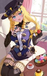 Rule 34 | 1girl, :d, absurdres, black thighhighs, blonde hair, blue eyes, commentary request, couch, curtains, drill hair, elbow gloves, food, genshin impact, gloves, hair between eyes, hat, highres, indoors, jewelry, long hair, looking at viewer, macaron, navia (genshin impact), necklace, open mouth, pleated skirt, rererere mon, sidelocks, sitting, skirt, sleeveless, smile, solo, table, thighhighs, window, zettai ryouiki