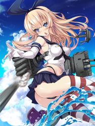 Rule 34 | 1girl, anchor hair ornament, black neckerchief, black panties, blonde hair, blue eyes, blue sailor collar, blue skirt, blue sky, breasts, chestnut mouth, cloud, commentary request, crop top, day, elbow gloves, gloves, hair ornament, highleg, highleg panties, highres, kantai collection, long hair, microskirt, miniskirt, neckerchief, outdoors, panties, partially visible vulva, rensouhou-chan, sailor collar, shimakaze (kancolle), skirt, sky, small breasts, solo, striped clothes, striped thighhighs, thighhighs, torisan, torpedo, underwear, water, white gloves
