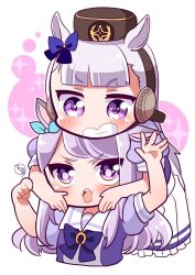 Rule 34 | 2girls, amagiri dia, animal ears, annoyed, arms up, blue bow, blunt bangs, blush, bow, brown headwear, cheek squash, chibi, clenched hand, earmuffs, gold ship (umamusume), hair bow, hands on another&#039;s cheeks, hands on another&#039;s face, hands up, hat, highres, horse ears, horse girl, light purple hair, mejiro mcqueen (umamusume), multiple girls, open mouth, pleated skirt, puffy short sleeves, puffy sleeves, purple bow, purple eyes, purple hair, purple serafuku, school uniform, serafuku, short eyebrows, short sleeves, simple background, skirt, smile, swept bangs, teeth, umamusume, v arms, white background, white skirt