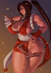 Rule 34 | 1girl, breasts, brown eyes, brown hair, cleavage, curvy, fatal fury, gradient background, hand fan, hand on own hip, highres, huge breasts, legs together, long hair, no bra, pelvic curtain, ponytail, shiranui mai, sideboob, smile, solo, sparks, thick thighs, thighs, very long hair, wide hips