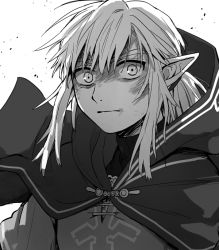 Rule 34 | 1boy, cape, closed mouth, greyscale, hair tie, hood, hood down, hooded cape, link, looking at viewer, male focus, monochrome, nintendo, pointy ears, ponytail, scratches, shijima (4jima), shirt, short hair, sidelocks, simple background, sketch, solo, the legend of zelda, the legend of zelda: breath of the wild, upper body, white background, wide-eyed