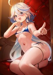 Rule 34 | 1girl, absurdres, ahoge, ass, bikini, blue bikini, blue eyes, blue hair, blush, breasts, chair, chochomi, furina (genshin impact), genshin impact, hair between eyes, highres, long hair, looking at viewer, micro bikini, mismatched pupils, multicolored hair, open mouth, pointing, pointing at viewer, side-tie bikini bottom, sitting, skindentation, small breasts, solo, sweat, swimsuit, teeth, thigh strap, upper teeth only, very long hair, white hair