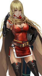Rule 34 | 1girl, absurdres, black footwear, black gloves, blonde hair, boots, breasts, brown eyes, cape, cleavage, fingerless gloves, fire emblem, fire emblem: the binding blade, floating hair, gloves, hair between eyes, twirling hair, hand on own hip, highres, igrene (fire emblem), jack (kairuhaido), large breasts, long hair, looking to the side, mole, mole under eye, nintendo, red tunic, side slit, simple background, solo, standing, straight hair, thigh boots, very long hair, white background