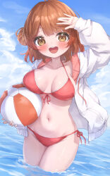 1girl beach bikini blue_sky breasts brown_hair cloud commentary_request day front-tie_bikini_top front-tie_top gakuen_idolmaster hair_bun hanami_ume highres horizon idolmaster masaki_(msk064) medium_breasts ocean open_mouth outdoors red_bikini round_teeth short_hair side-tie_bikini_bottom single_hair_bun sky smile solo swimsuit teeth upper_teeth_only wading water