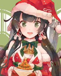Rule 34 | 10s, 1girl, :d, adapted costume, anchor, black hair, bow, christmas, detached sleeves, fur trim, gift, green eyes, hat, holding, holding gift, itomugi-kun, kantai collection, looking at viewer, mizuho (kancolle), open mouth, ribbon, santa costume, santa hat, sidelocks, smile, solo
