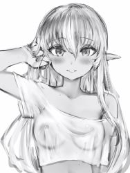 Rule 34 | 1girl, bad id, bad pixiv id, blush, breasts, covered erect nipples, cropped shirt, dark-skinned female, dark skin, elf, greyscale, hair between eyes, hand in own hair, hand up, highres, hololive, long hair, looking at viewer, medium breasts, monochrome, nanashi (nlo), nipples, off shoulder, pointy ears, shiranui flare, shirt, short sleeves, simple background, single bare shoulder, smile, solo, virtual youtuber, wet, wet clothes, wet shirt, white background