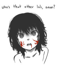 Rule 34 | 1girl, blood, blood on face, collarbone, empty eyes, english text, face, highres, looking at viewer, messy hair, monochrome, nude, original, pas (paxiti), short hair, solo, spot color, yandere