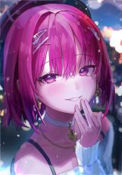 Rule 34 | 1girl, choker, earrings, freng, hair between eyes, hair ornament, hairclip, hand on own chin, hat, highres, jewelry, looking at viewer, necklace, off shoulder, original, pink eyes, pink hair, short hair, smile, solo, sweater, upper body