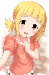 Rule 34 | 1girl, :d, blonde hair, blunt bangs, blush, commentary request, highres, kise saki, lens flare, looking at viewer, low twintails, mitsuboshi colors, open mouth, orange shirt, outdoors, puffy short sleeves, puffy sleeves, reaching, reaching towards viewer, sekina, selfie, shirt, short hair, short sleeves, smile, solo, standing, twintails, yellow eyes
